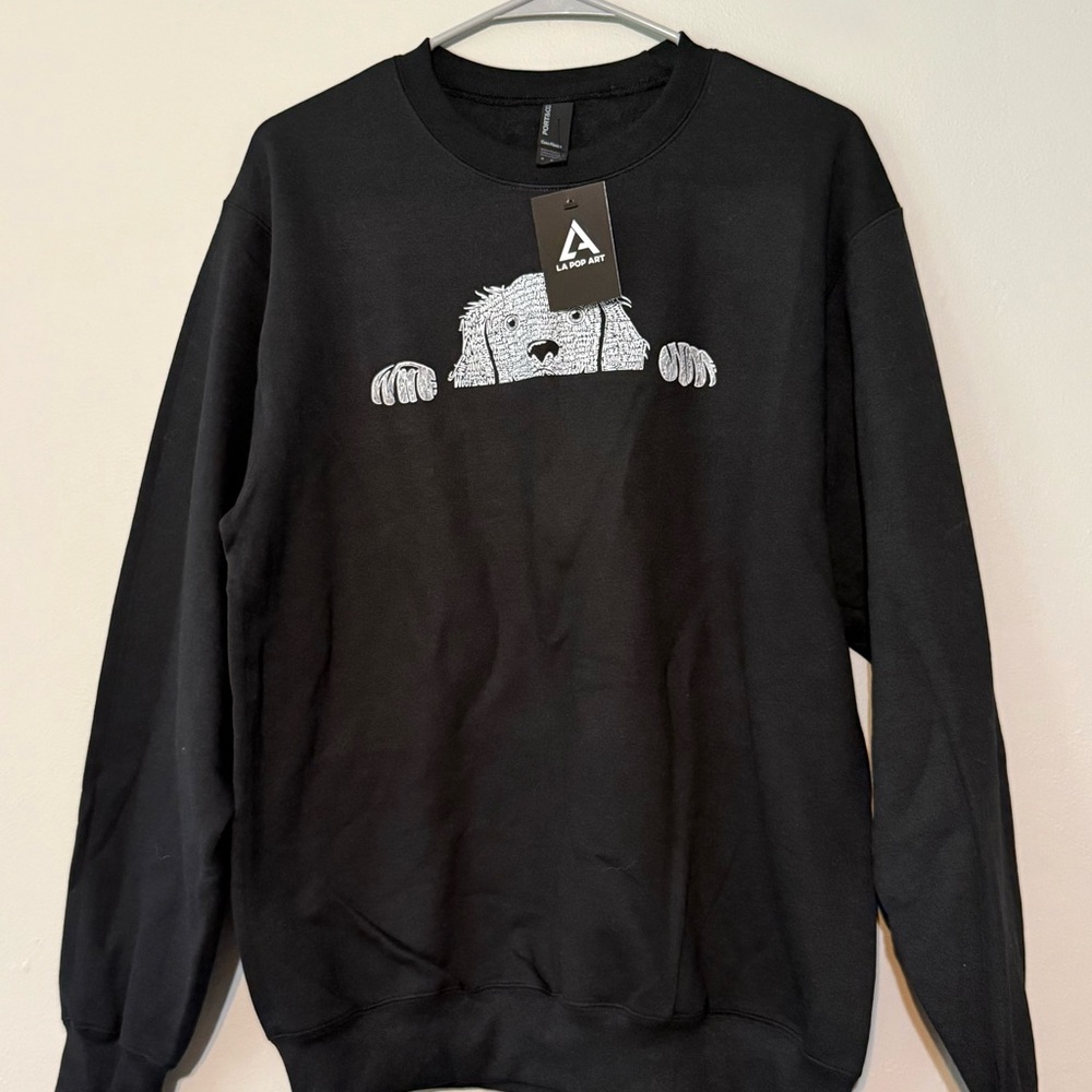 LA Pop Art Black Crewneck Sweatshirt with White Peeking Dog Graphic